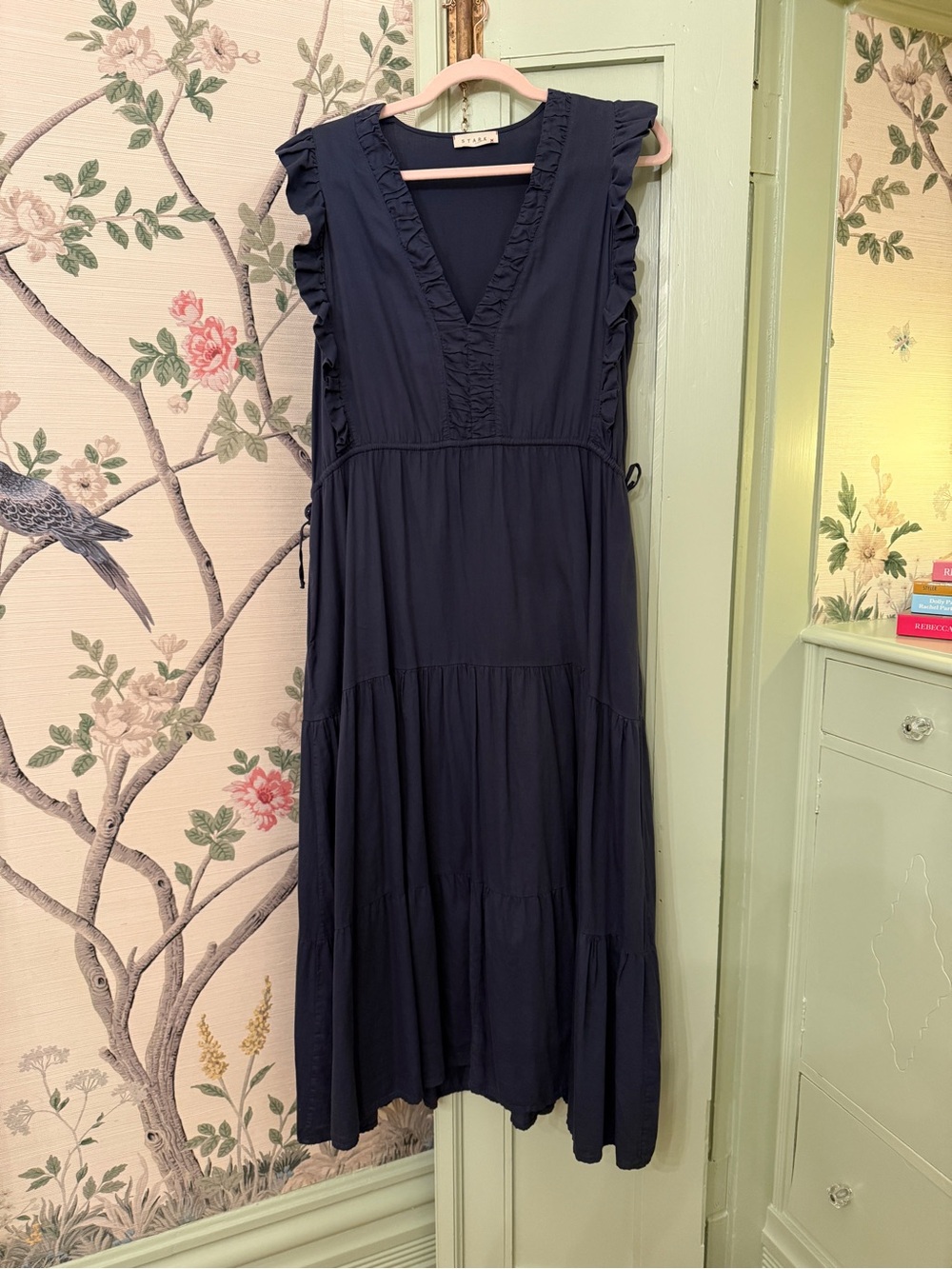 STARK X Navy Blue Tiered Ruffle Maxi Dress V-Neck Drawstring Waist Medium
